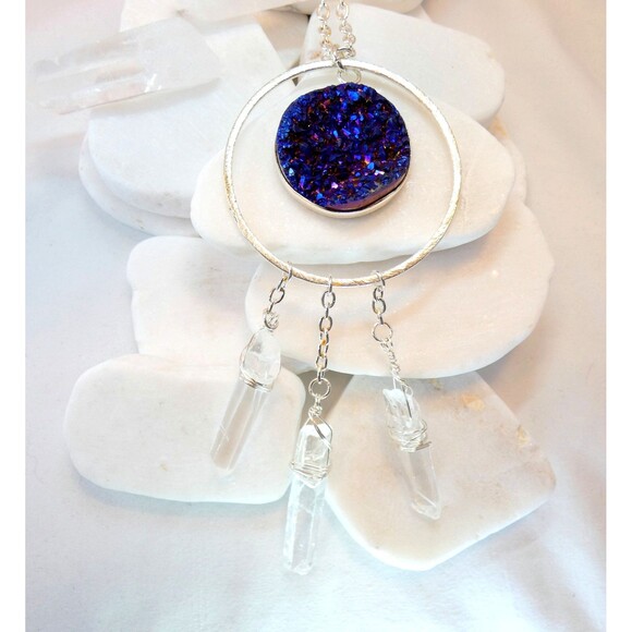 Natural Rock Crystal Quartz Three Point Titanium Blue Quartz Silver Necklace - Picture 3 of 6